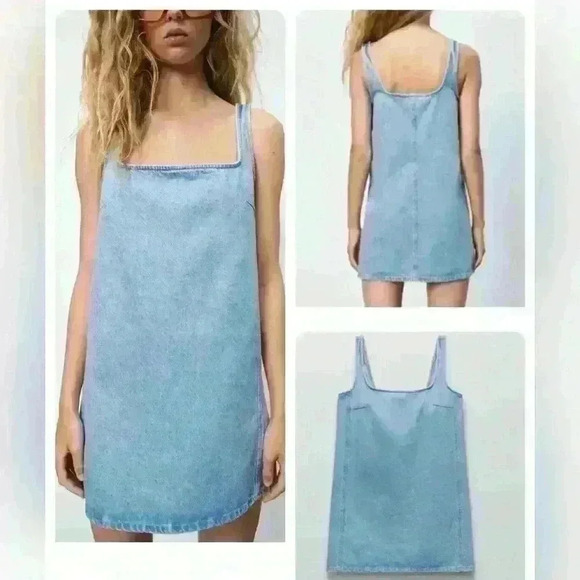ZARA Square Neck Denim Tank Mini Dress size XS NWOT - Picture 1 of 10